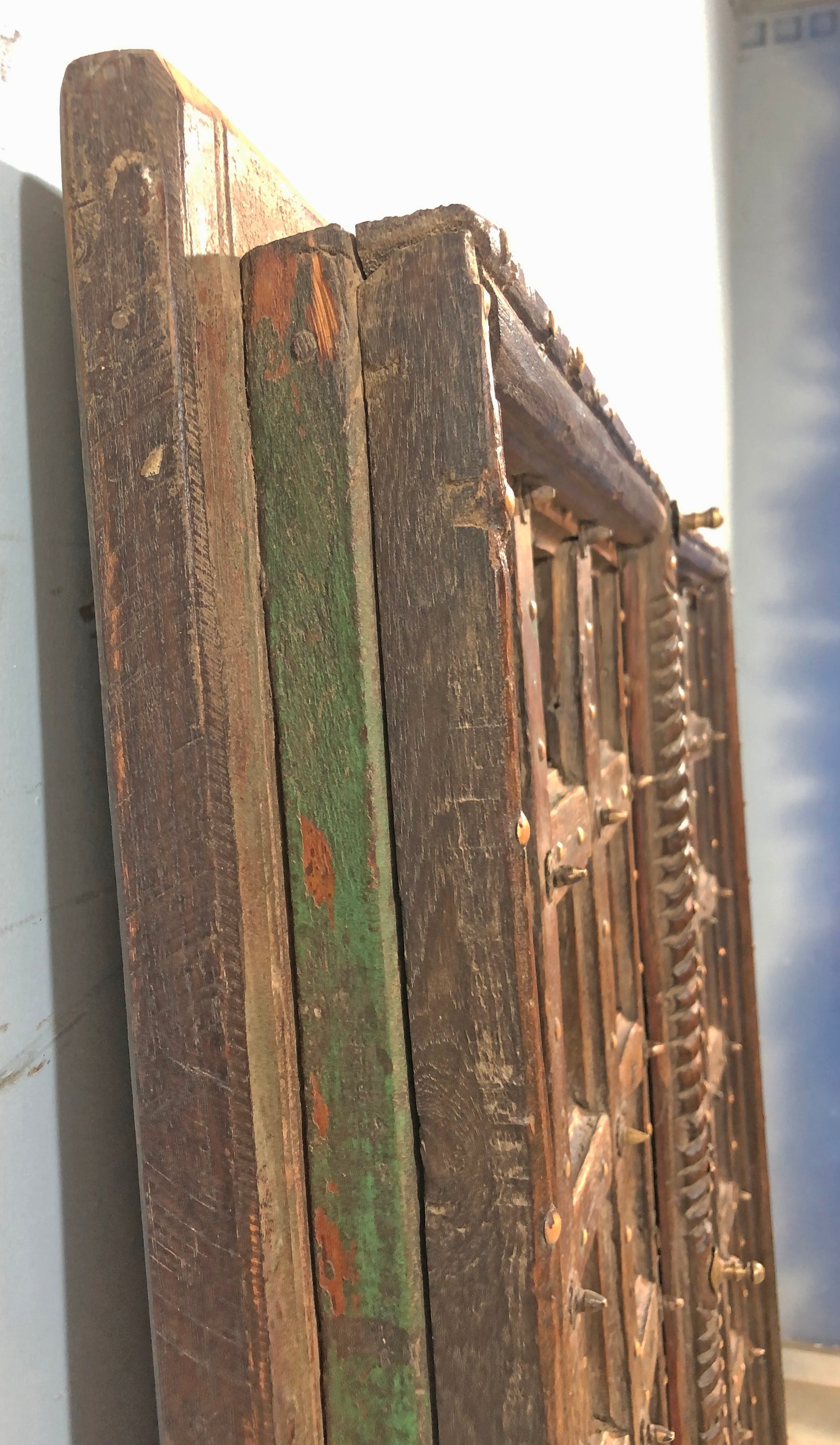 Antique Teak Wood Heavy Big Size Door Panels Pair 3.5x6 feet Original Old Brass