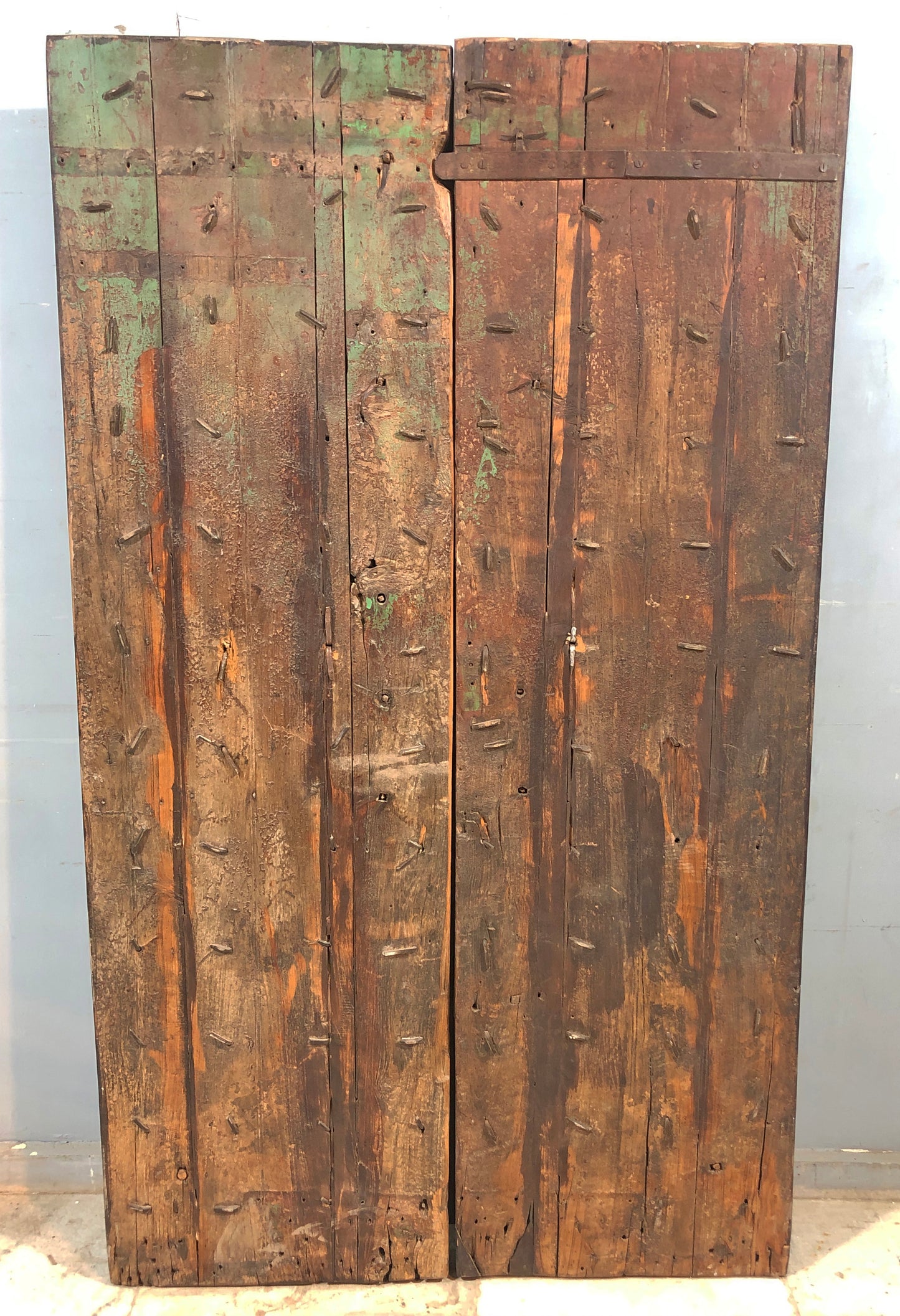 Antique Teak Wood Heavy Big Size Door Panels Pair 3.5x6 feet Original Old Brass