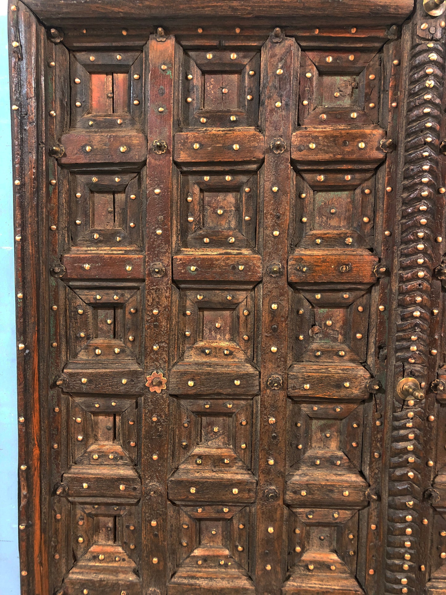 Antique Teak Wood Heavy Big Size Door Panels Pair 3.5x6 feet Original Old Brass