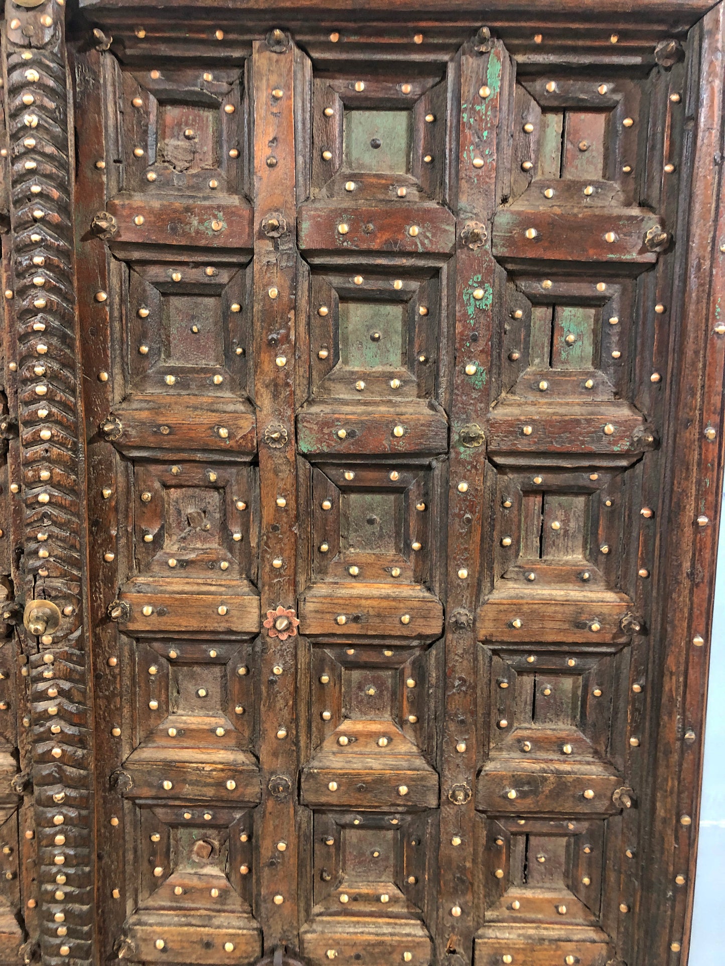 Antique Teak Wood Heavy Big Size Door Panels Pair 3.5x6 feet Original Old Brass