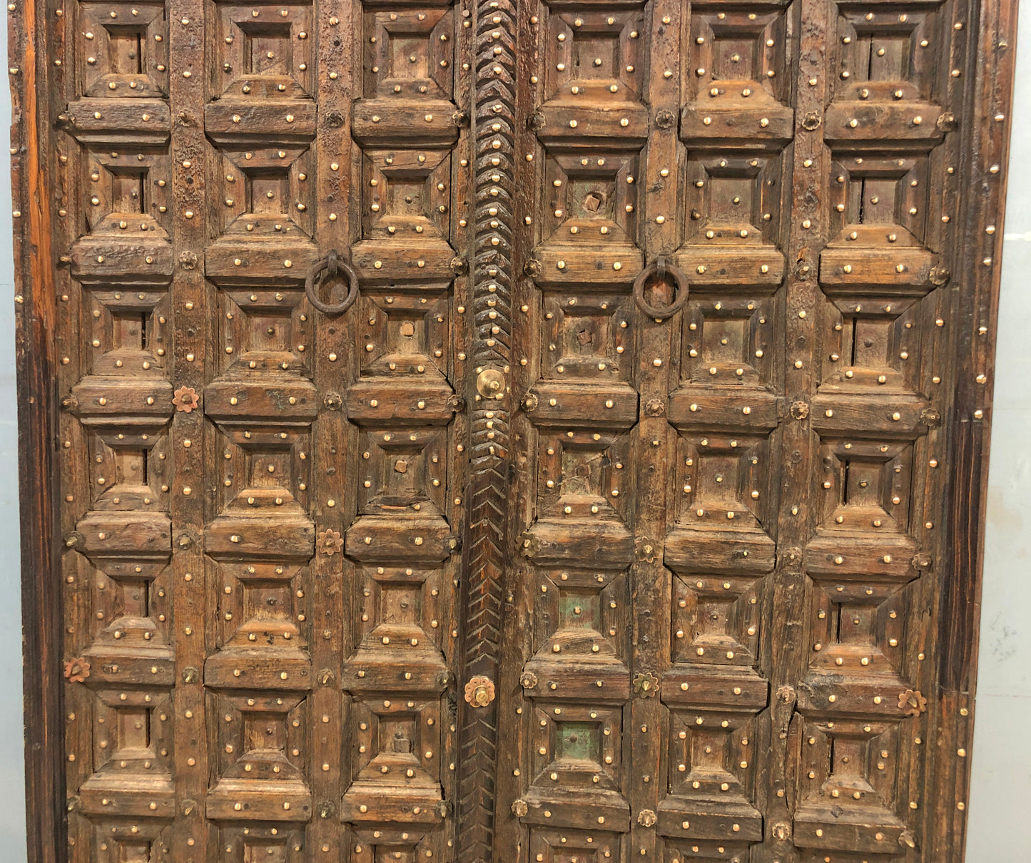 Antique Teak Wood Heavy Big Size Door Panels Pair 3.5x6 feet Original Old Brass