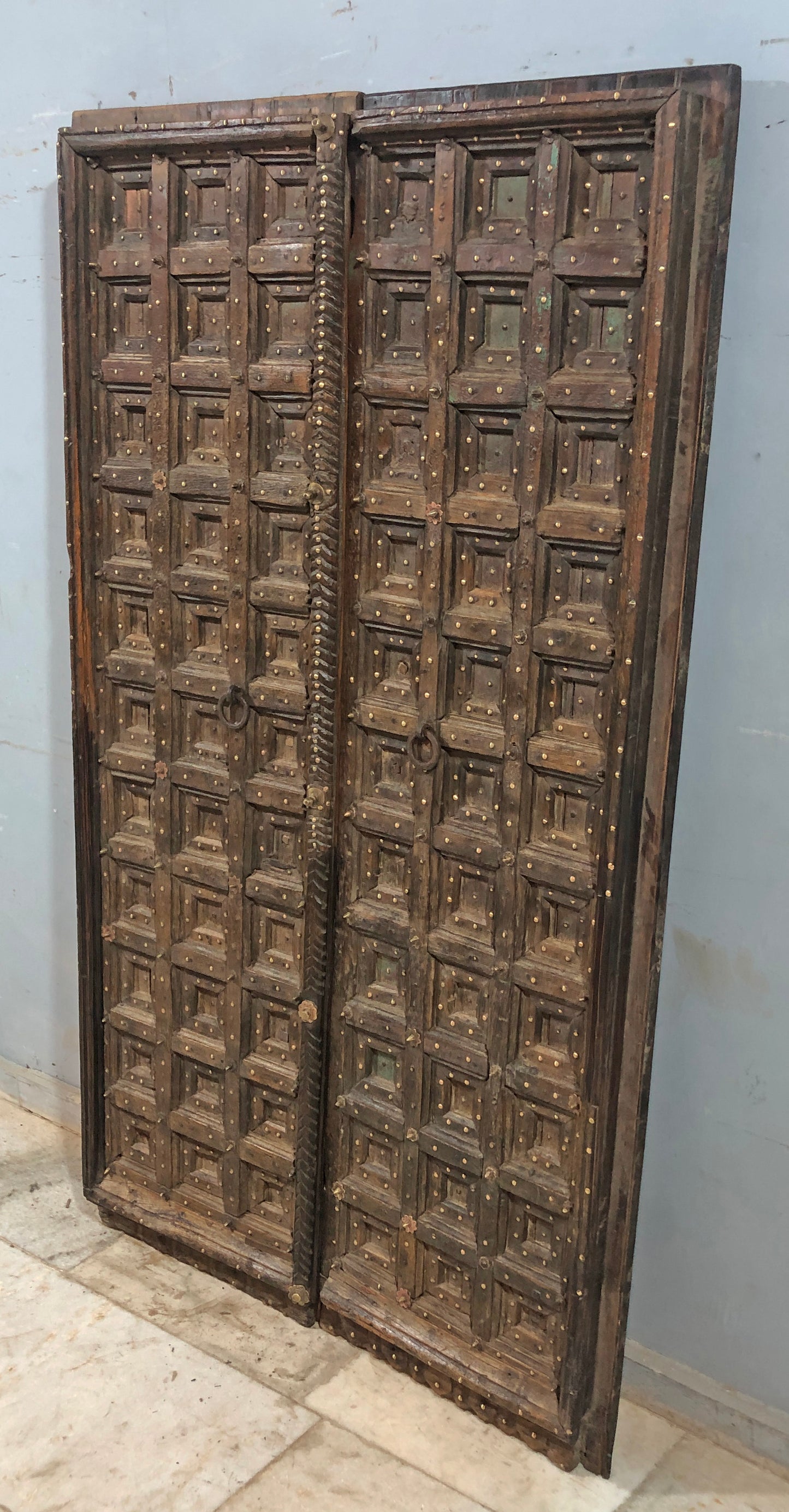 Antique Teak Wood Heavy Big Size Door Panels Pair 3.5x6 feet Original Old Brass