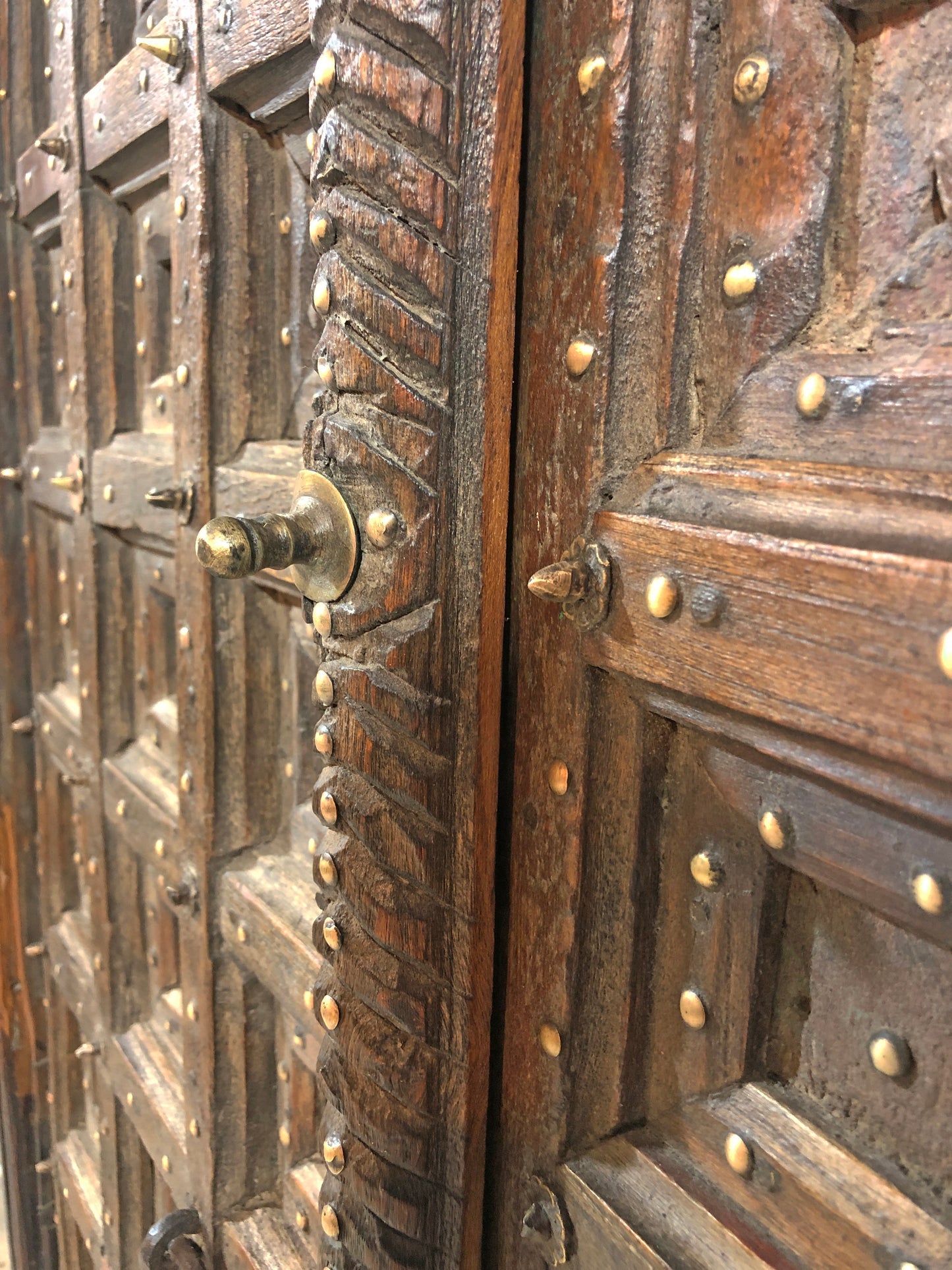Antique Teak Wood Heavy Big Size Door Panels Pair 3.5x6 feet Original Old Brass