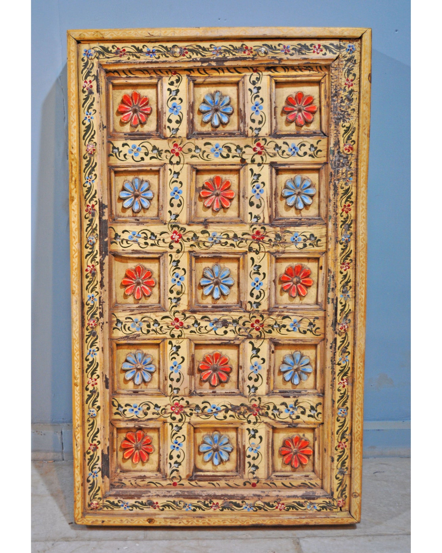 Antique Teak Wood Ceiling Panel Original Old Fine Floral Carved Rustic Painted