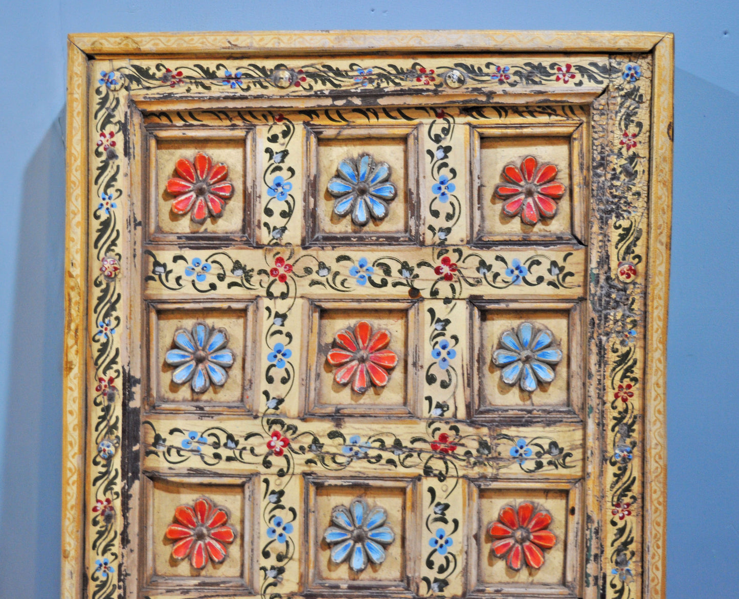 Antique Teak Wood Ceiling Panel Original Old Fine Floral Carved Rustic Painted