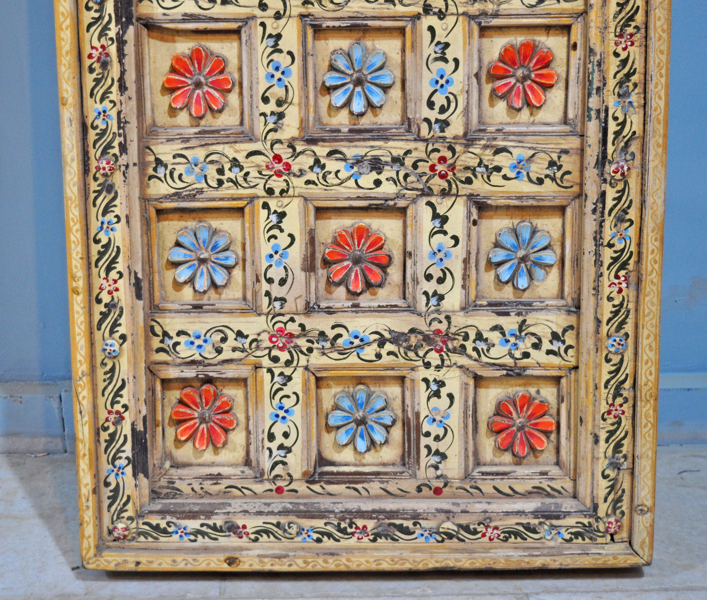 Antique Teak Wood Ceiling Panel Original Old Fine Floral Carved Rustic Painted