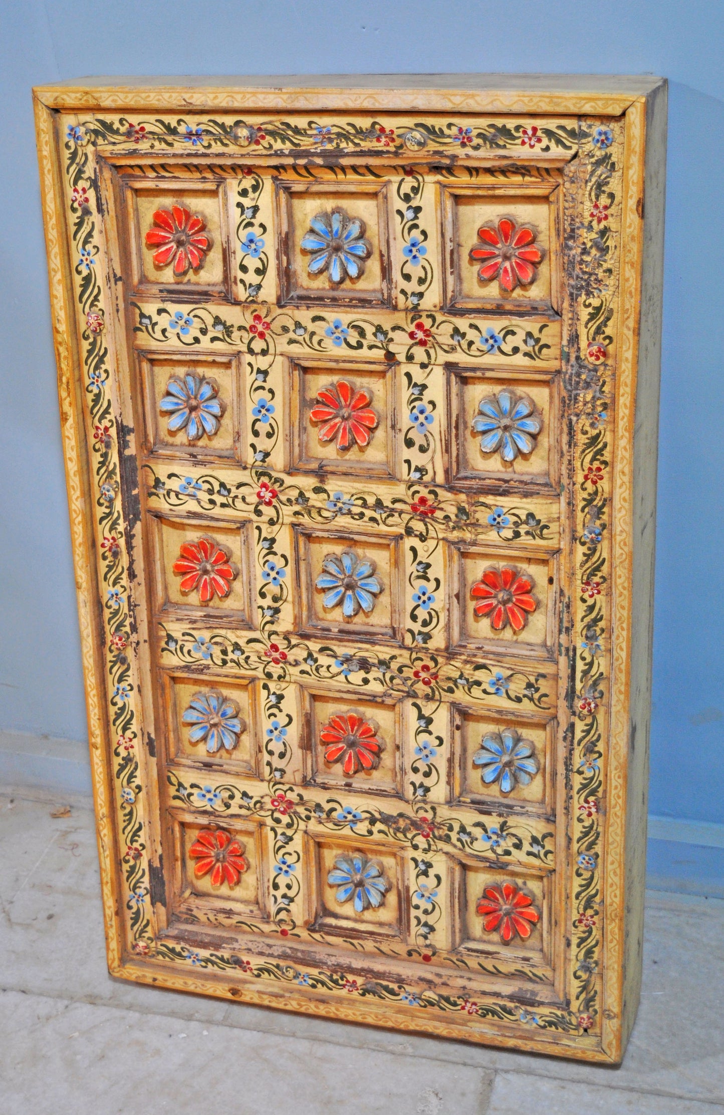Antique Teak Wood Ceiling Panel Original Old Fine Floral Carved Rustic Painted