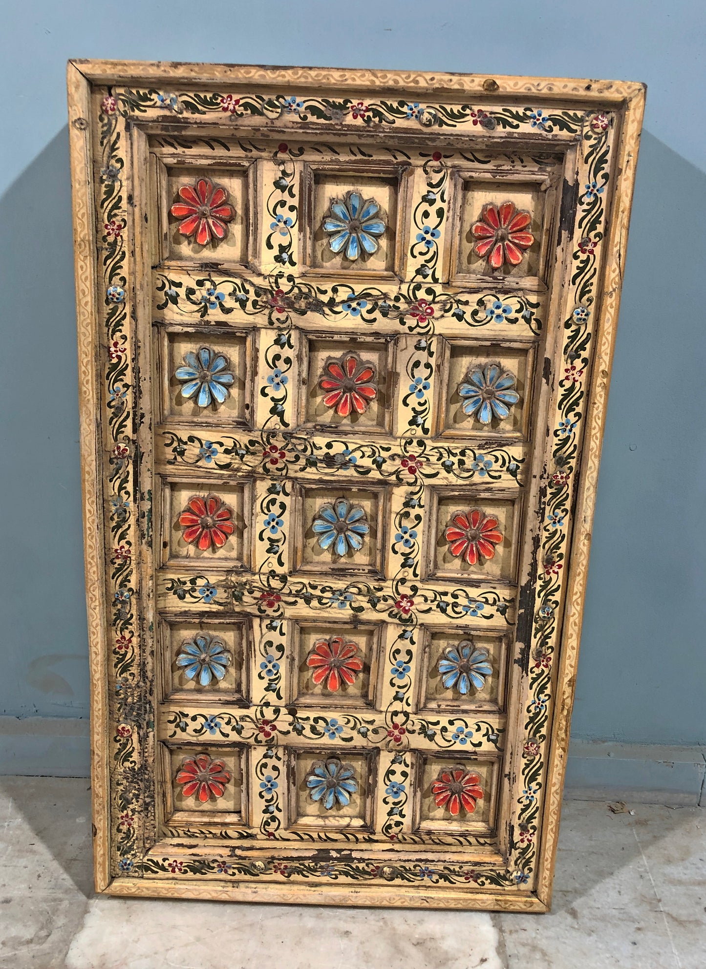 Antique Teak Wood Ceiling Panel Original Old Fine Floral Carved Rustic Painted