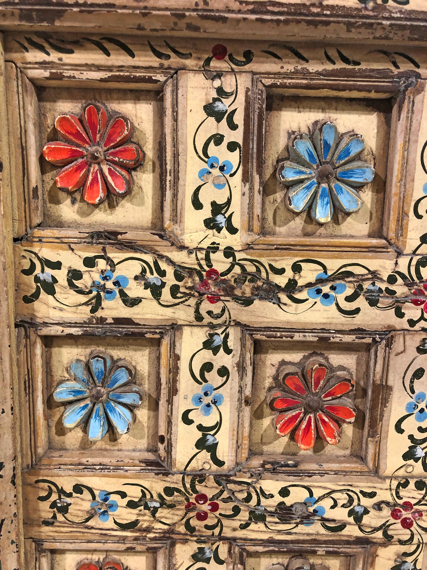 Antique Teak Wood Ceiling Panel Original Old Fine Floral Carved Rustic Painted