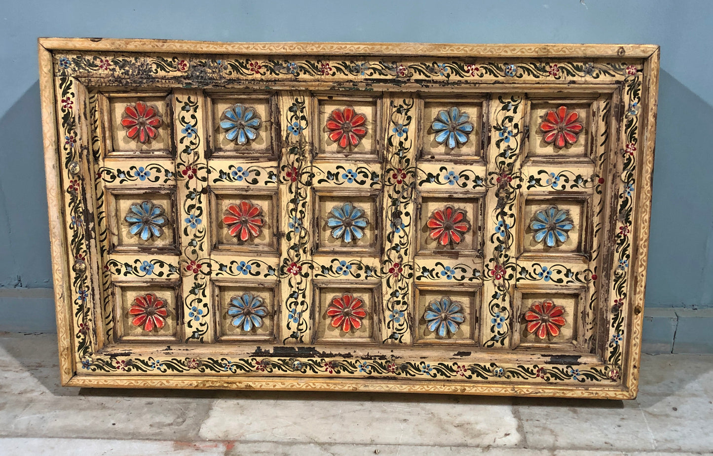 Antique Teak Wood Ceiling Panel Original Old Fine Floral Carved Rustic Painted