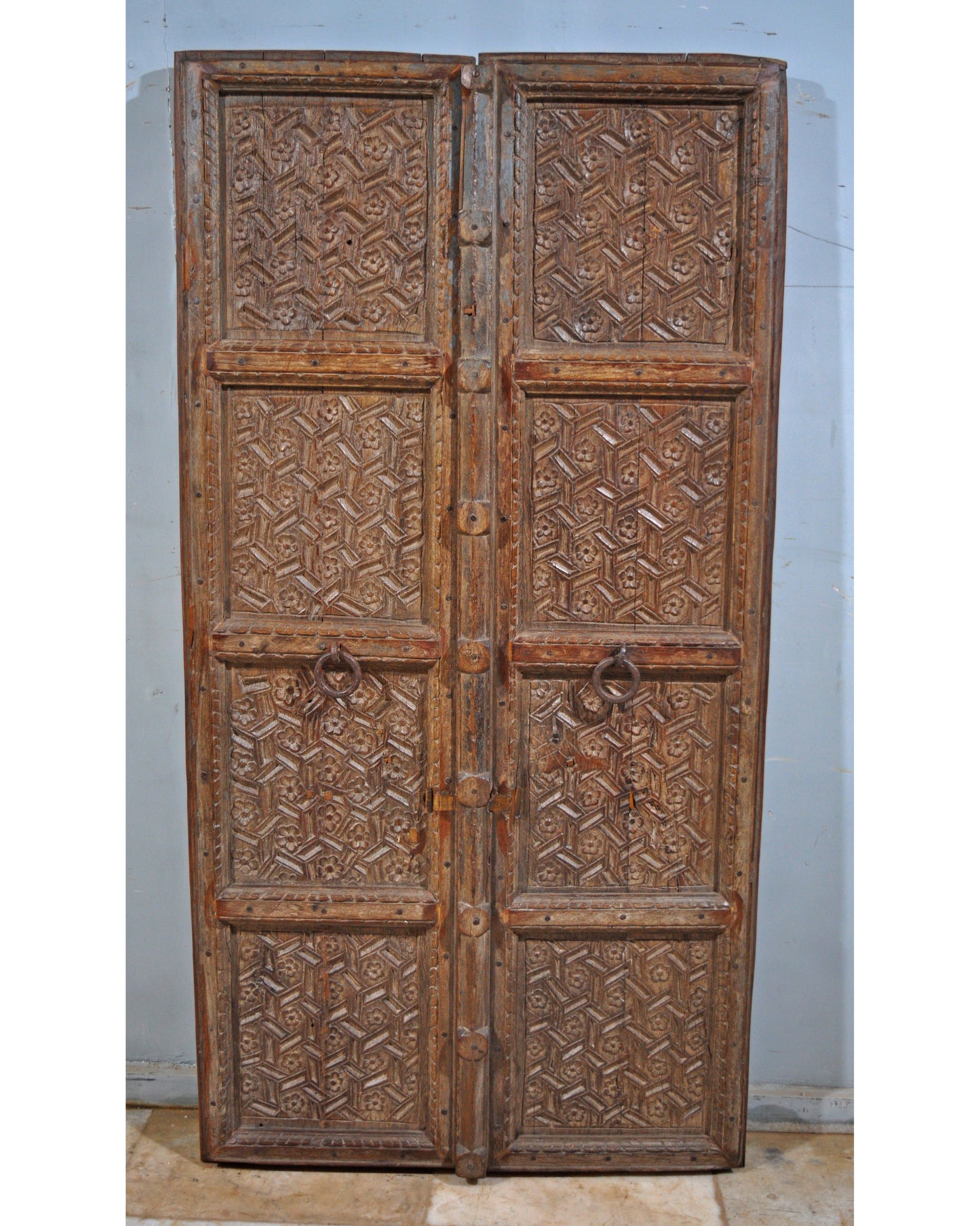 Antique Teak Wood Heavy Large Door Panels Pair Fine Intricate Floral Carving 3x6 ft