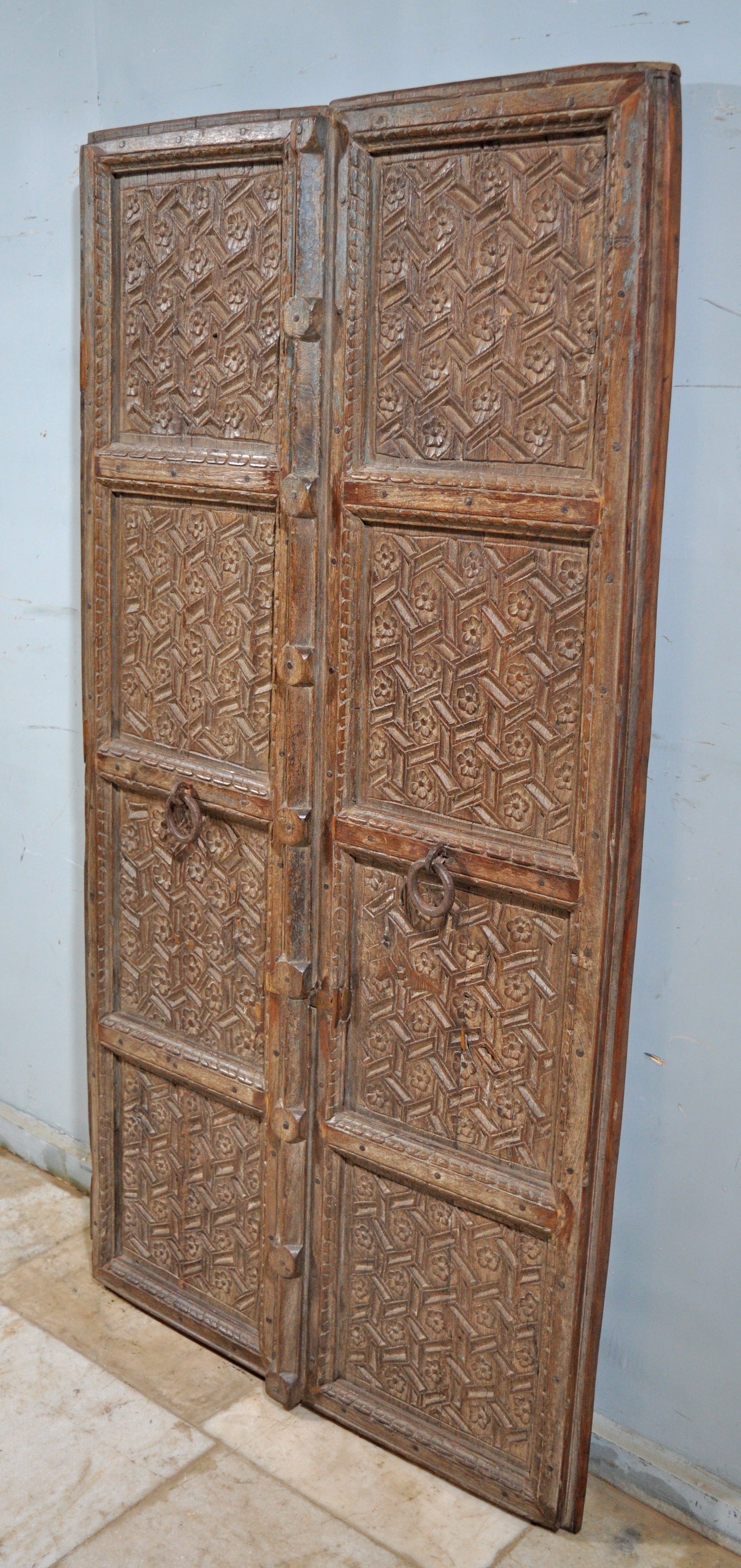 Antique Teak Wood Heavy Large Door Panels Pair Fine Intricate Floral Carving 3x6 ft