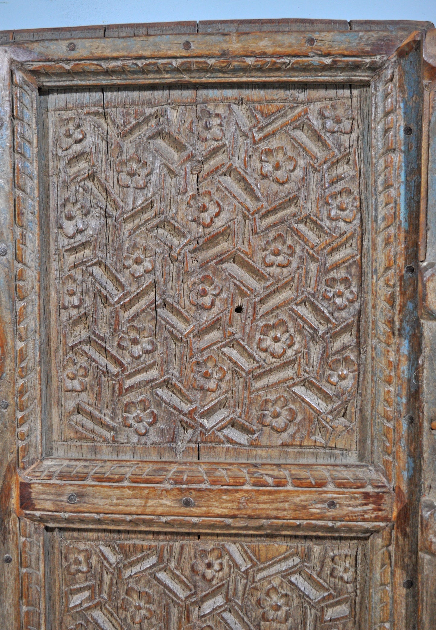 Antique Teak Wood Heavy Large Door Panels Pair Fine Intricate Floral Carving 3x6 ft