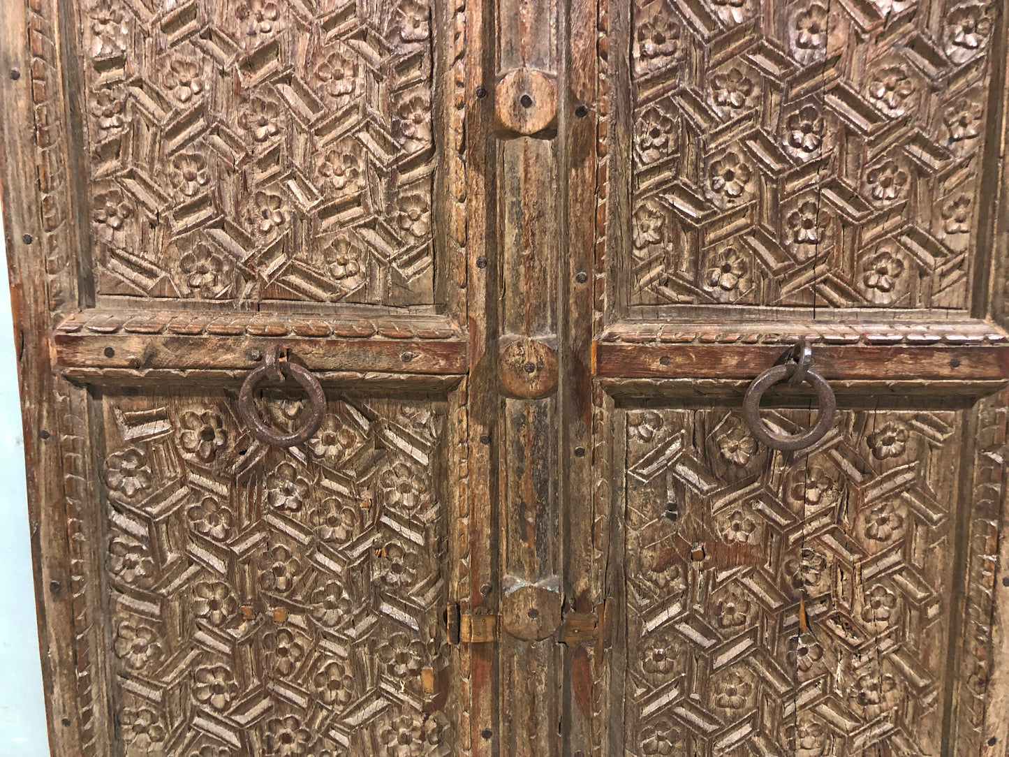 Antique Teak Wood Heavy Large Door Panels Pair Fine Intricate Floral Carving 3x6 ft