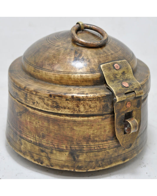 Antique Brass Round Food Storage Box Original Old Hand Crafted Engraved