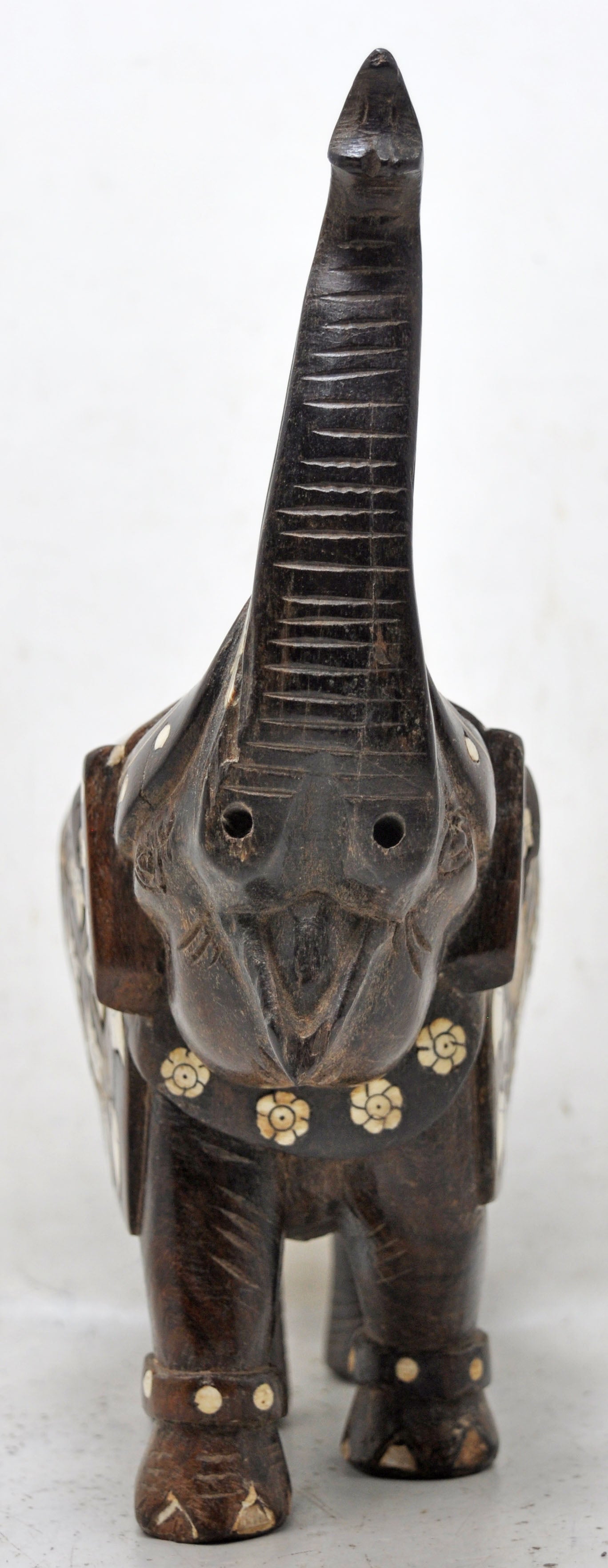 Antique Wooden Elephant Figurine Original Old Hand Carved Very Fine Inlay Work