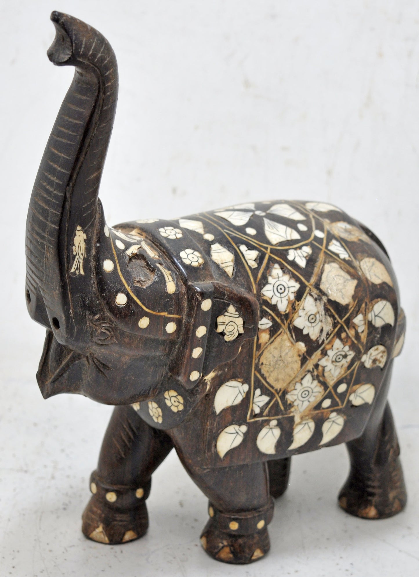 Antique Wooden Elephant Figurine Original Old Hand Carved Very Fine Inlay Work