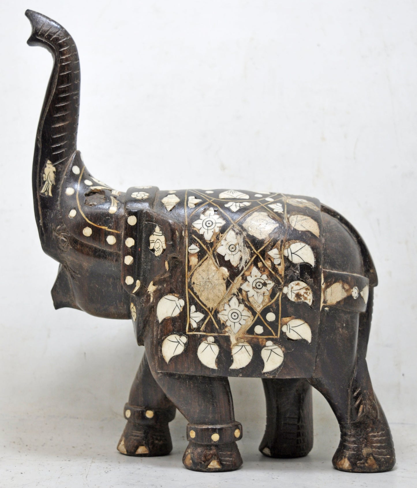 Antique Wooden Elephant Figurine Original Old Hand Carved Very Fine Inlay Work