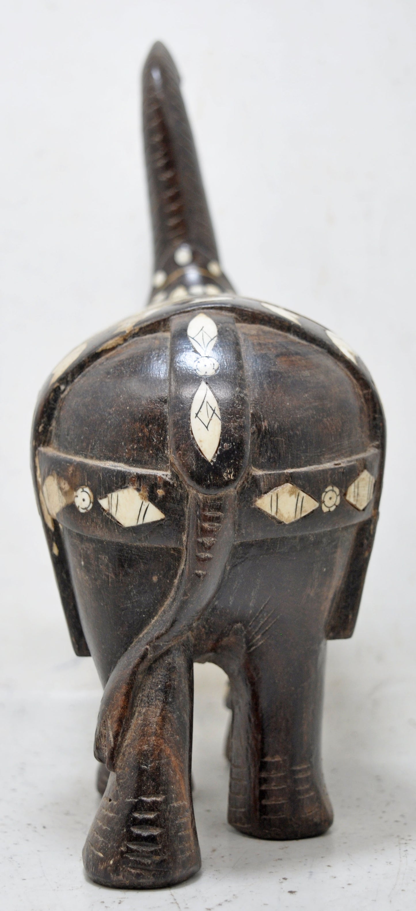Antique Wooden Elephant Figurine Original Old Hand Carved Very Fine Inlay Work