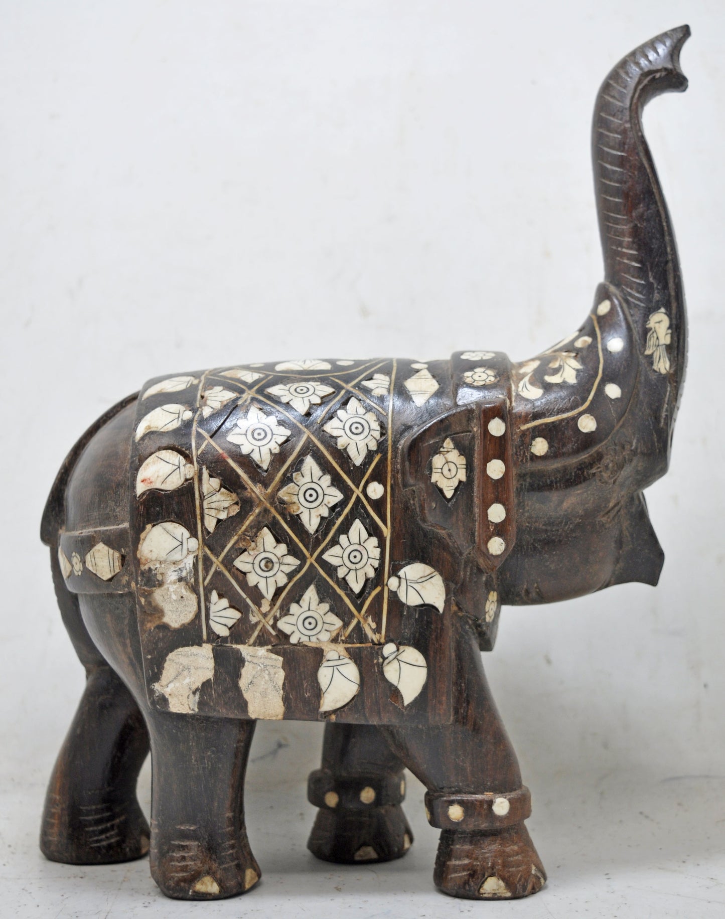 Antique Wooden Elephant Figurine Original Old Hand Carved Very Fine Inlay Work