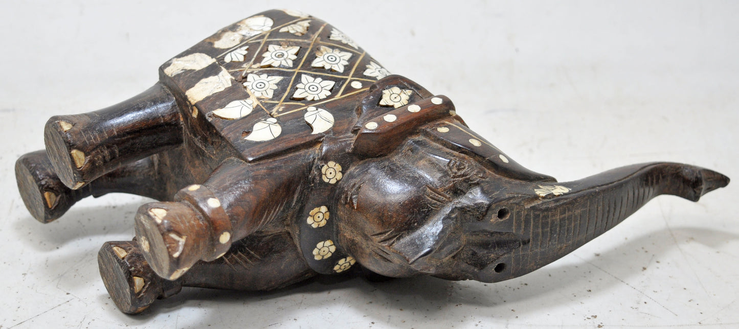 Antique Wooden Elephant Figurine Original Old Hand Carved Very Fine Inlay Work