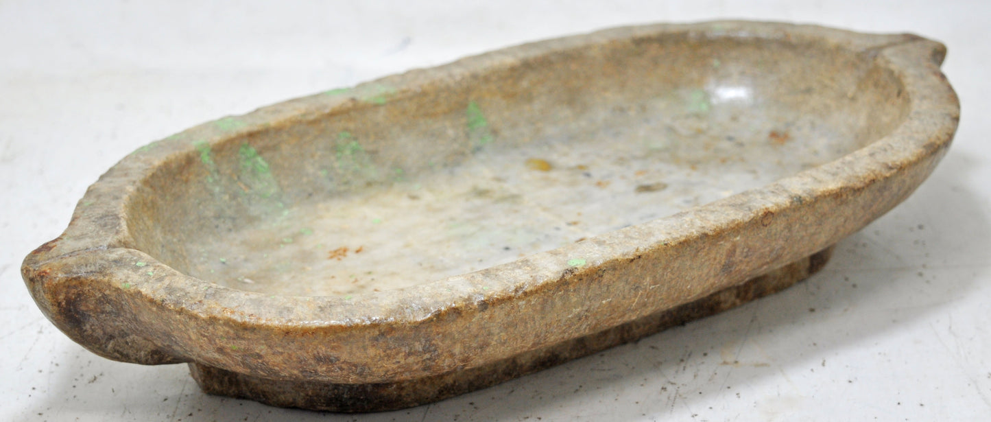Antique Sand Stone Oval Kharal Bowl Original Old Hand Carved