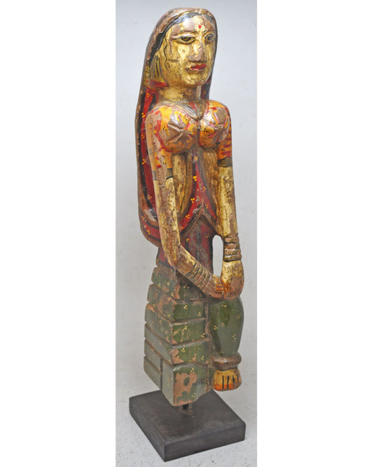 Antique Wooden Large Size Tall Woman Lady Figurine Original Old Fine Painted Carved