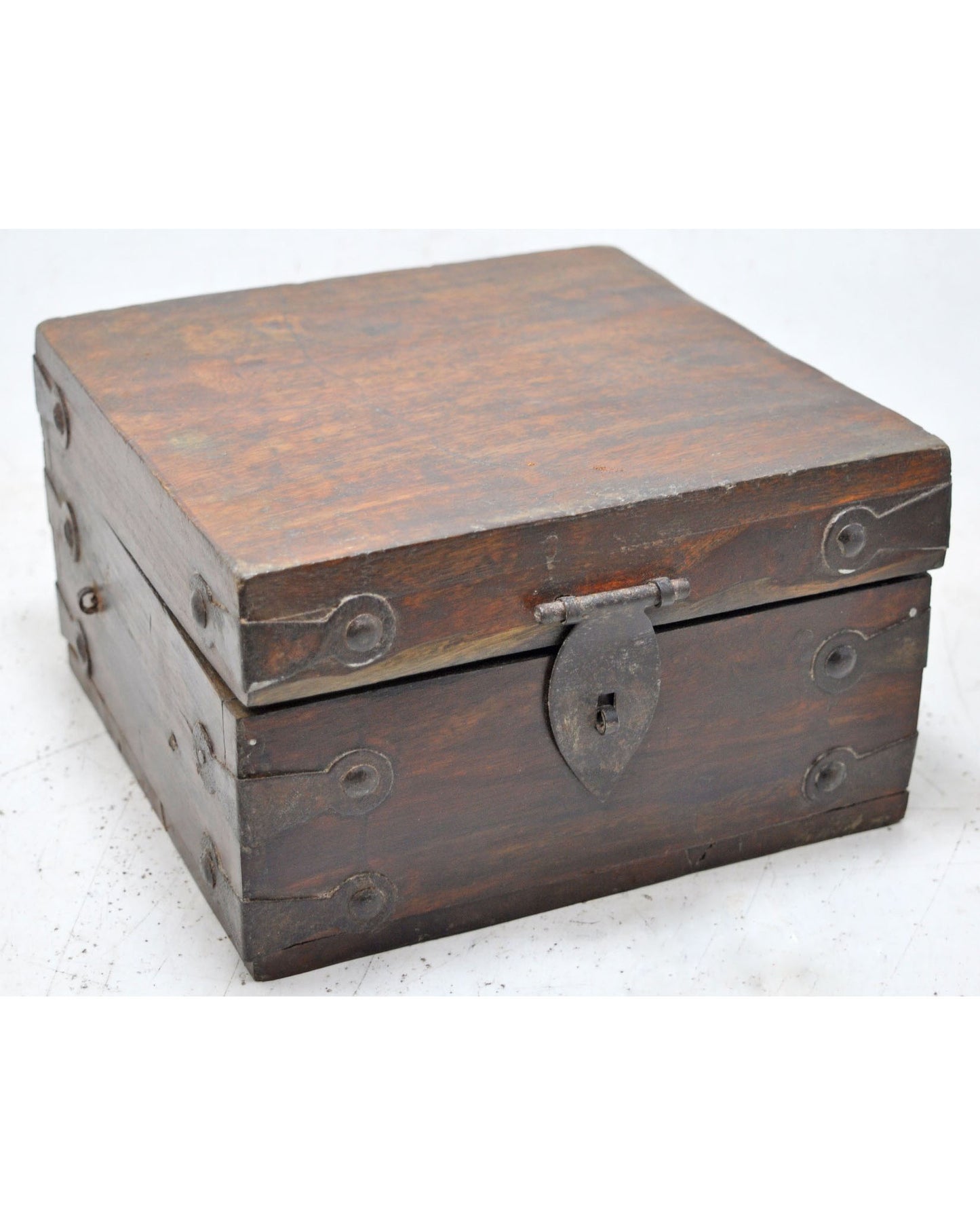 Vintage Wooden Square Storage Box Original Old Hand Crafted Metal Fitted
