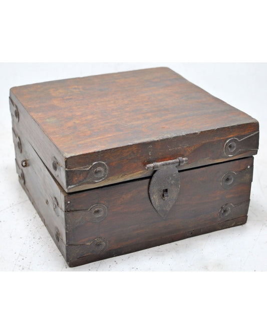 Vintage Wooden Square Storage Box Original Old Hand Crafted Metal Fitted