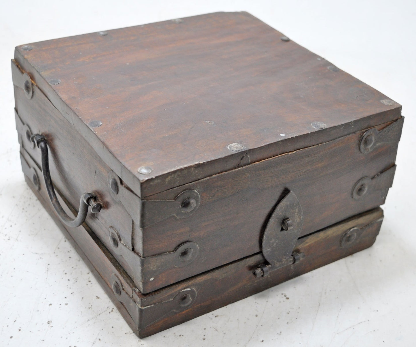 Vintage Wooden Square Storage Box Original Old Hand Crafted Metal Fitted