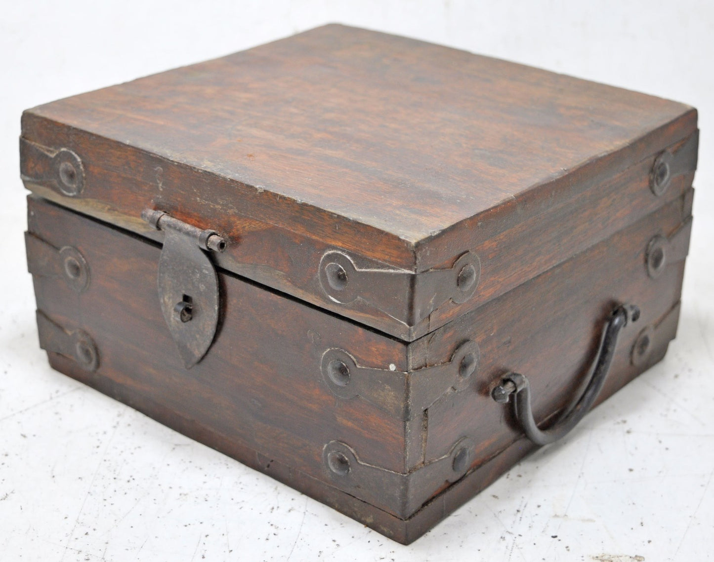 Vintage Wooden Square Storage Box Original Old Hand Crafted Metal Fitted