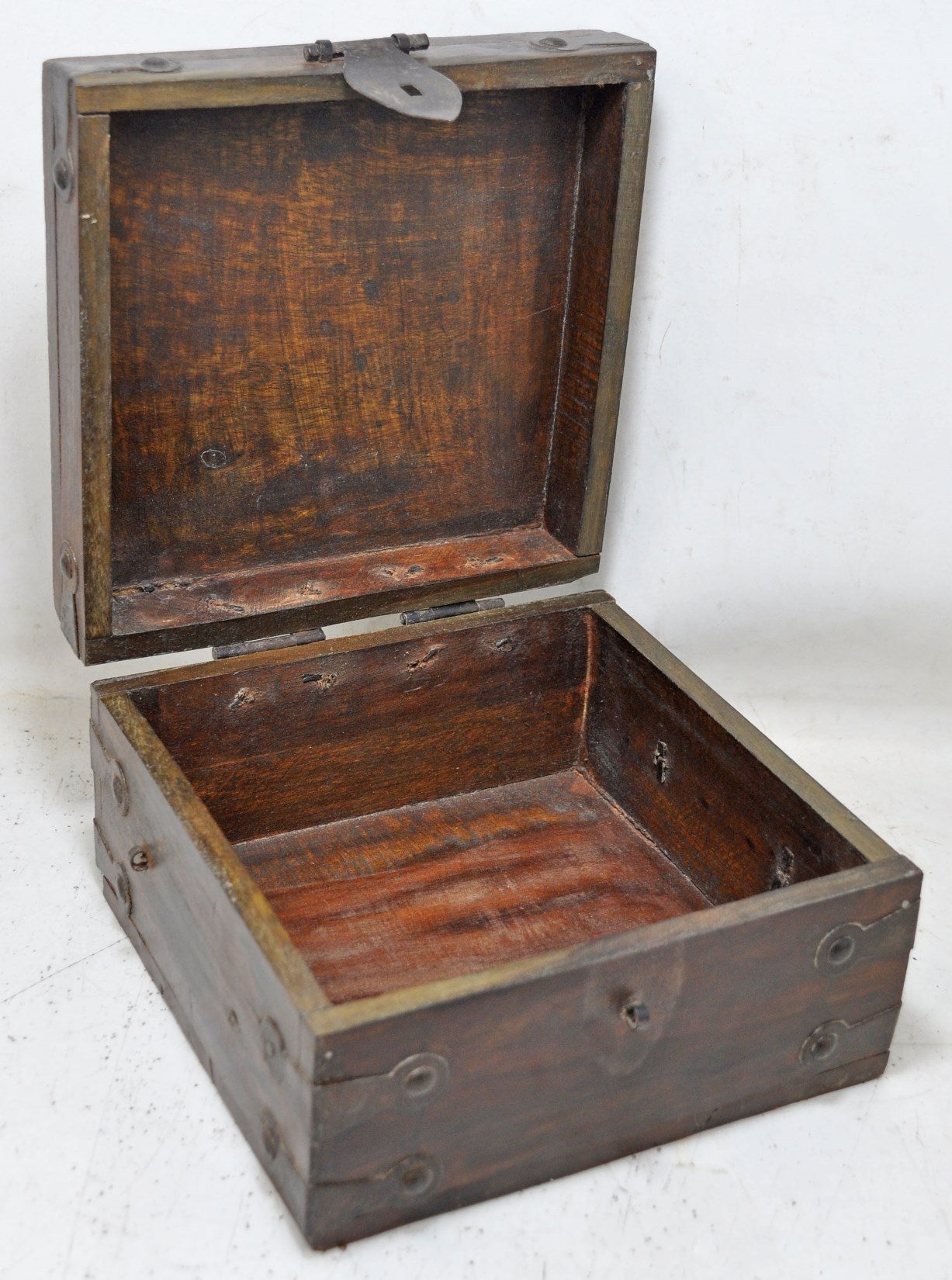 Vintage Wooden Square Storage Box Original Old Hand Crafted Metal Fitted