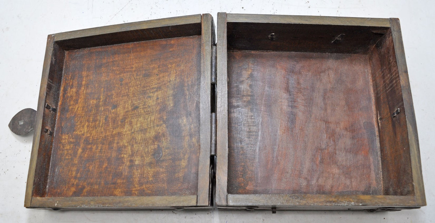 Vintage Wooden Square Storage Box Original Old Hand Crafted Metal Fitted