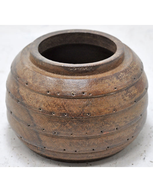 Antique Wooden Round Pot Original Old Hand Crafted