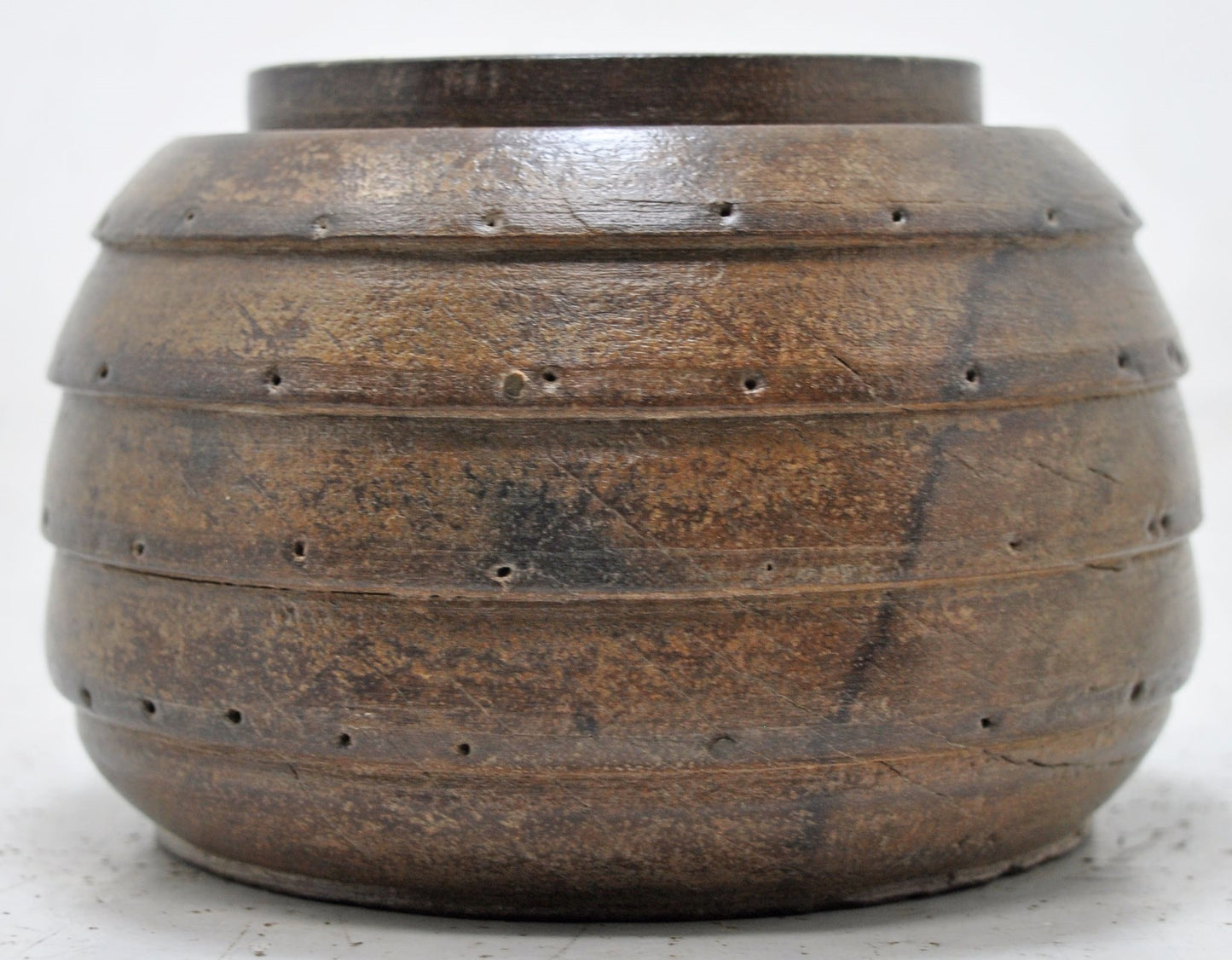 Antique Wooden Round Pot Original Old Hand Crafted