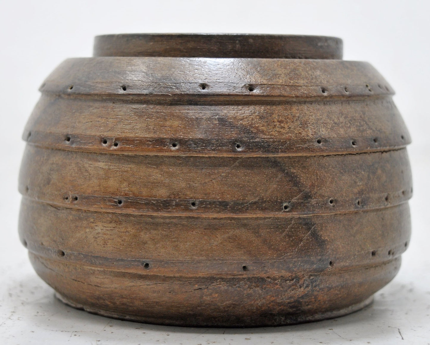 Antique Wooden Round Pot Original Old Hand Crafted