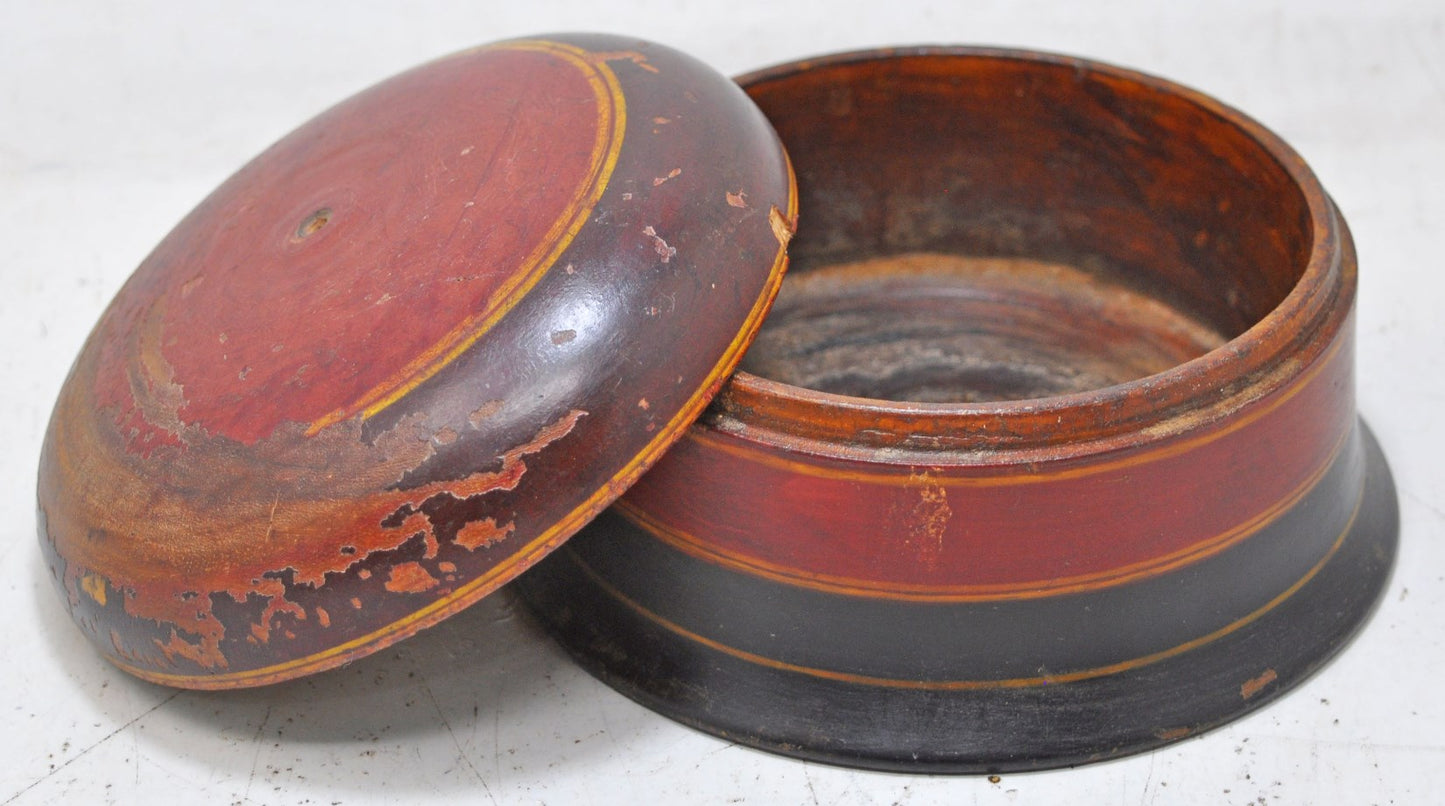 Antique Wooden Kum Kum Powder Tika Box Original Old Hand Carved Lacquer Painted