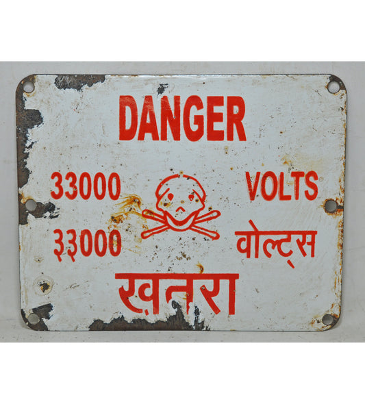 Vintage Iron Enamel Porcelain Danger Signboard 33000 Volts Original Old Hand Crafted