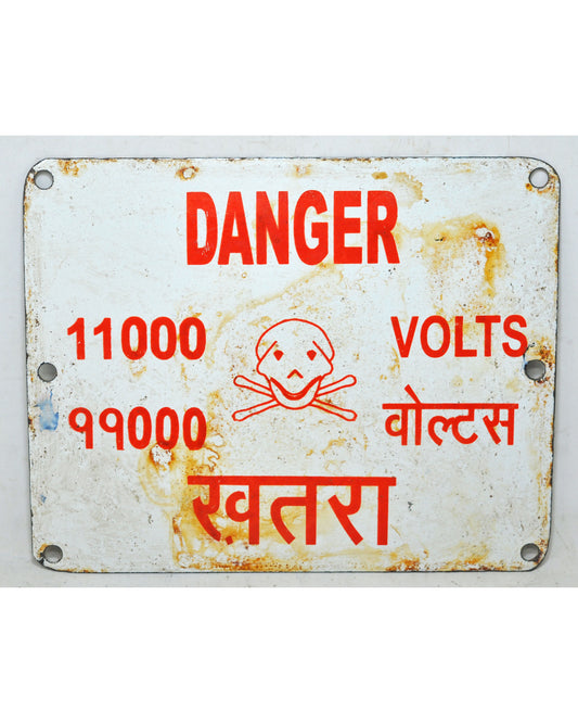 Vintage Iron Enamel Porcelain Danger Signboard 11000 Volts Original Old Hand Crafted