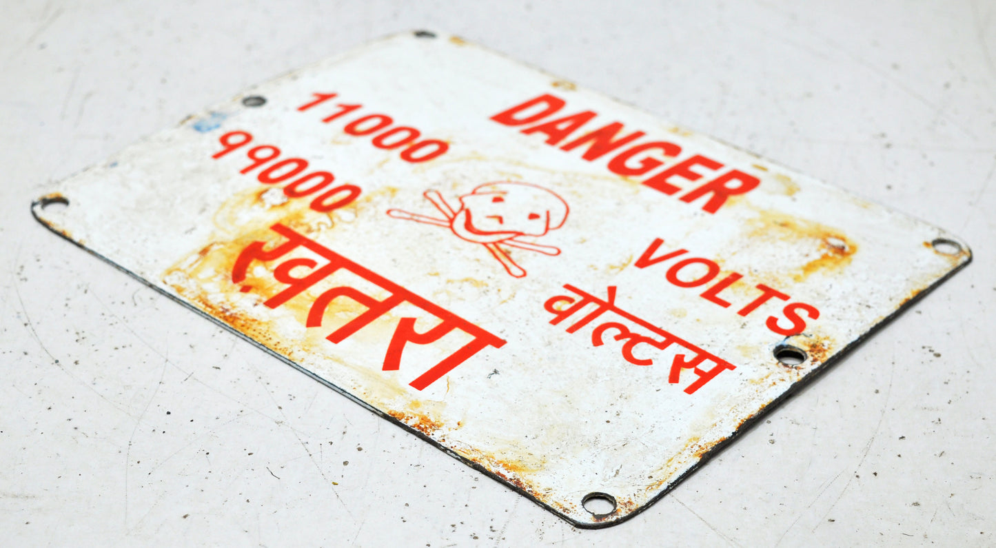 Vintage Iron Enamel Porcelain Danger Signboard 11000 Volts Original Old Hand Crafted