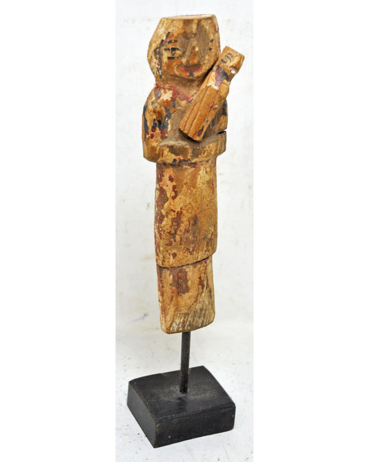 Antique Wooden Woman Musician Figurine Original Old Hand Carved