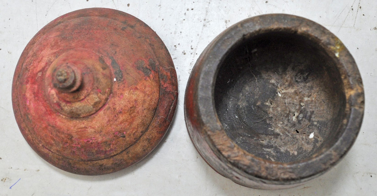 Antique Wooden Lacquer Painted Kum Kum Powder Tika Box Original Old Hand Carved