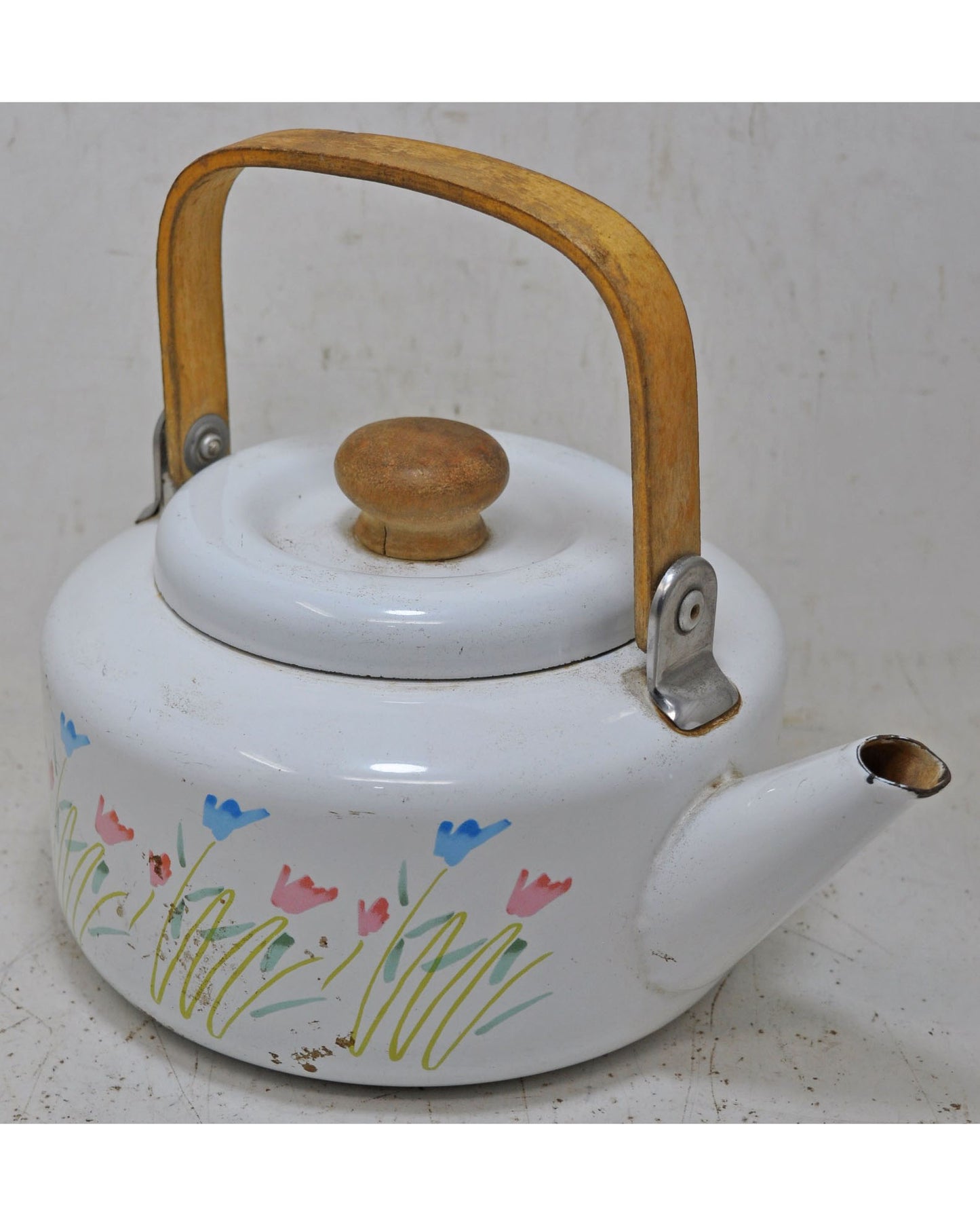 Vintage Enamel Porcelain Iron Metal Tea Kettle Pot Original Old Hand Crafted