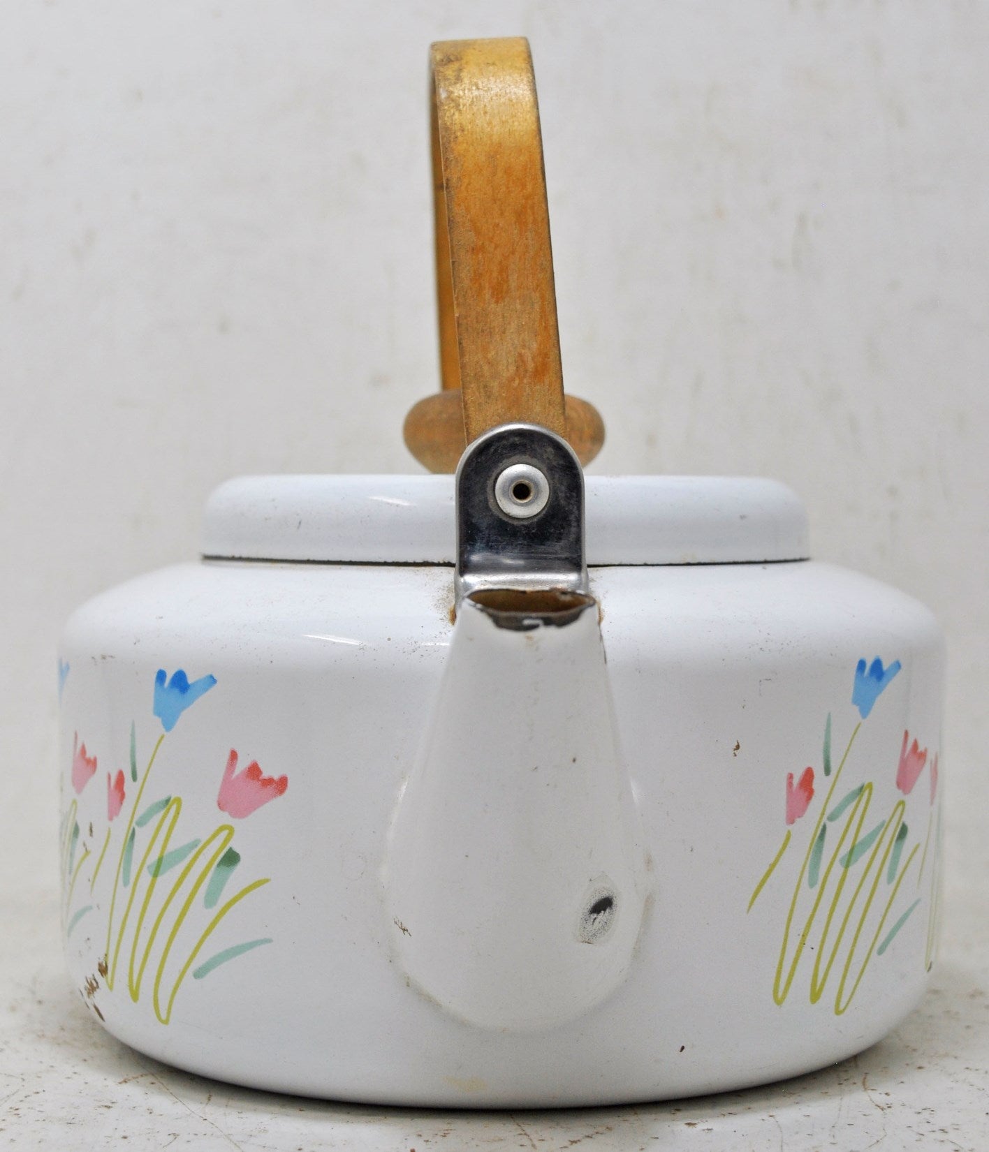 Vintage Enamel Porcelain Iron Metal Tea Kettle Pot Original Old Hand Crafted