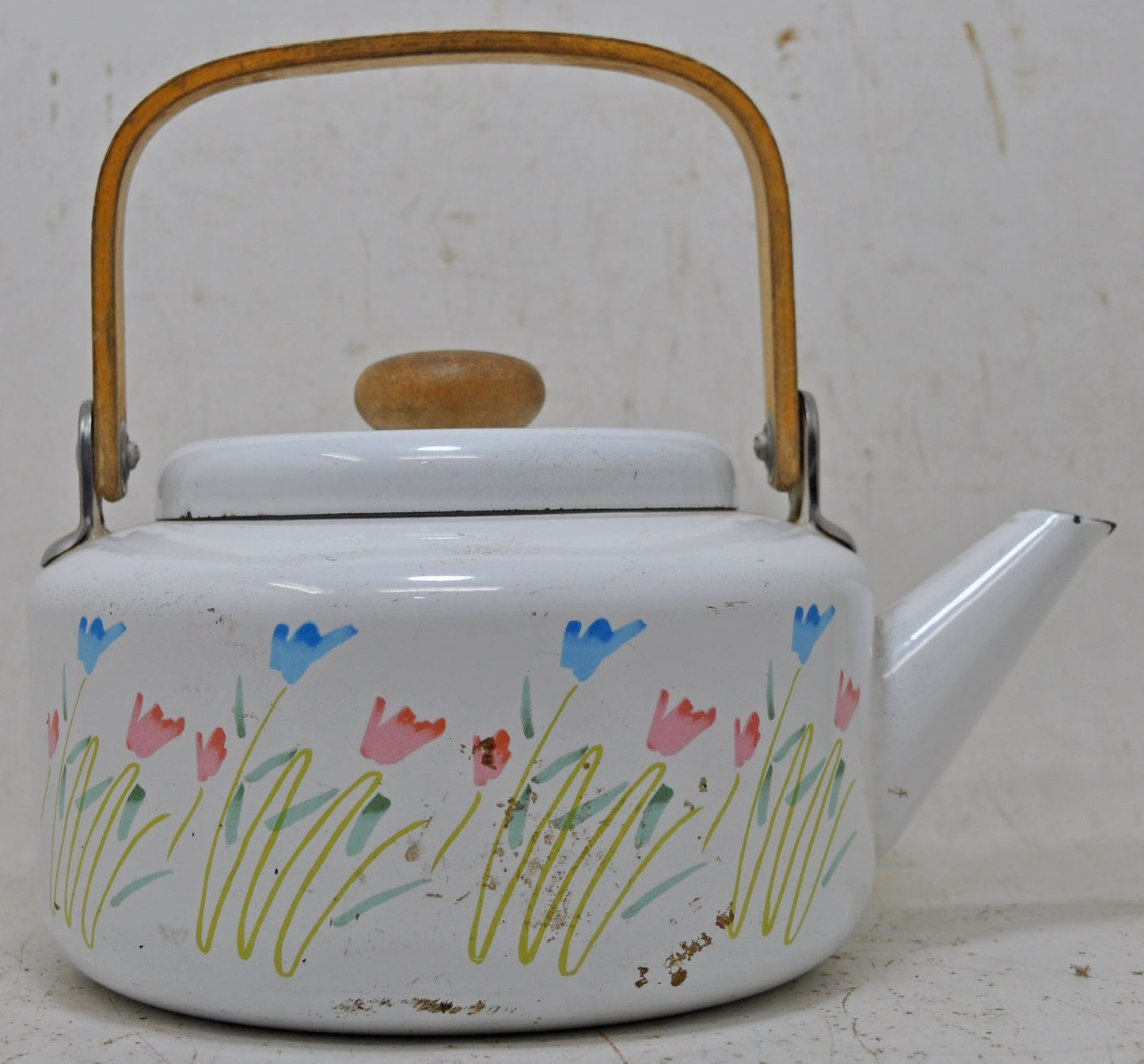 Vintage Enamel Porcelain Iron Metal Tea Kettle Pot Original Old Hand Crafted