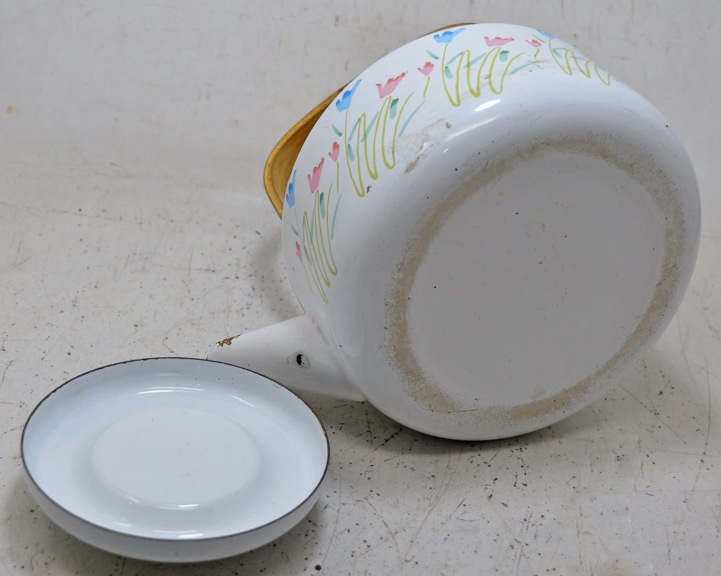 Vintage Enamel Porcelain Iron Metal Tea Kettle Pot Original Old Hand Crafted