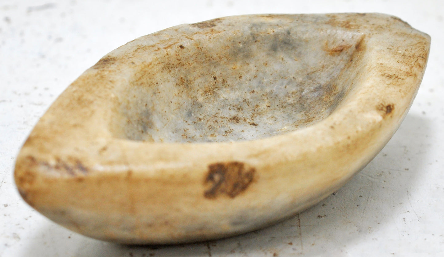 Antique White Marble Oval Opium Water Kharal Bowl Original Old Hand Carved