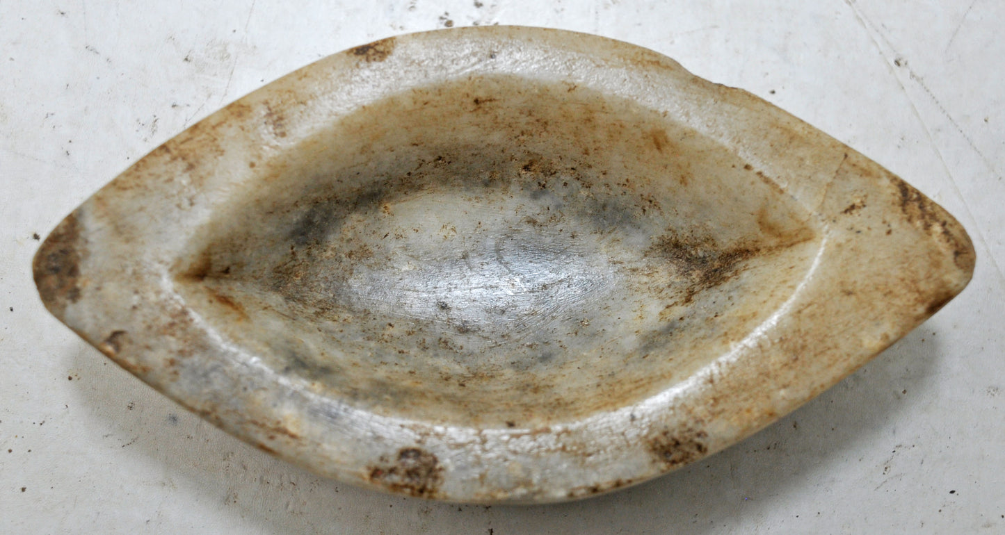 Antique White Marble Oval Opium Water Kharal Bowl Original Old Hand Carved