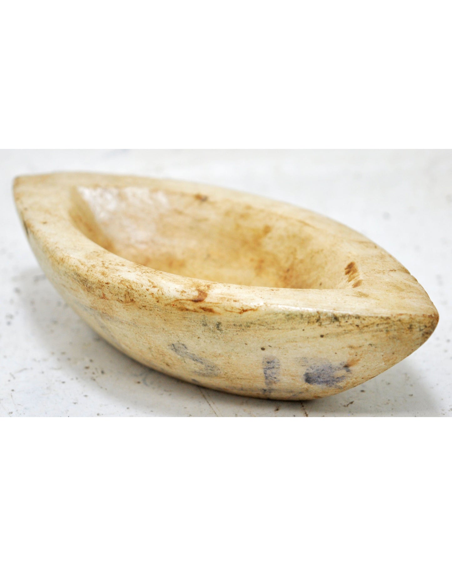 Antique White Marble Oval Opium Water Kharal Bowl Original Old Hand Carved