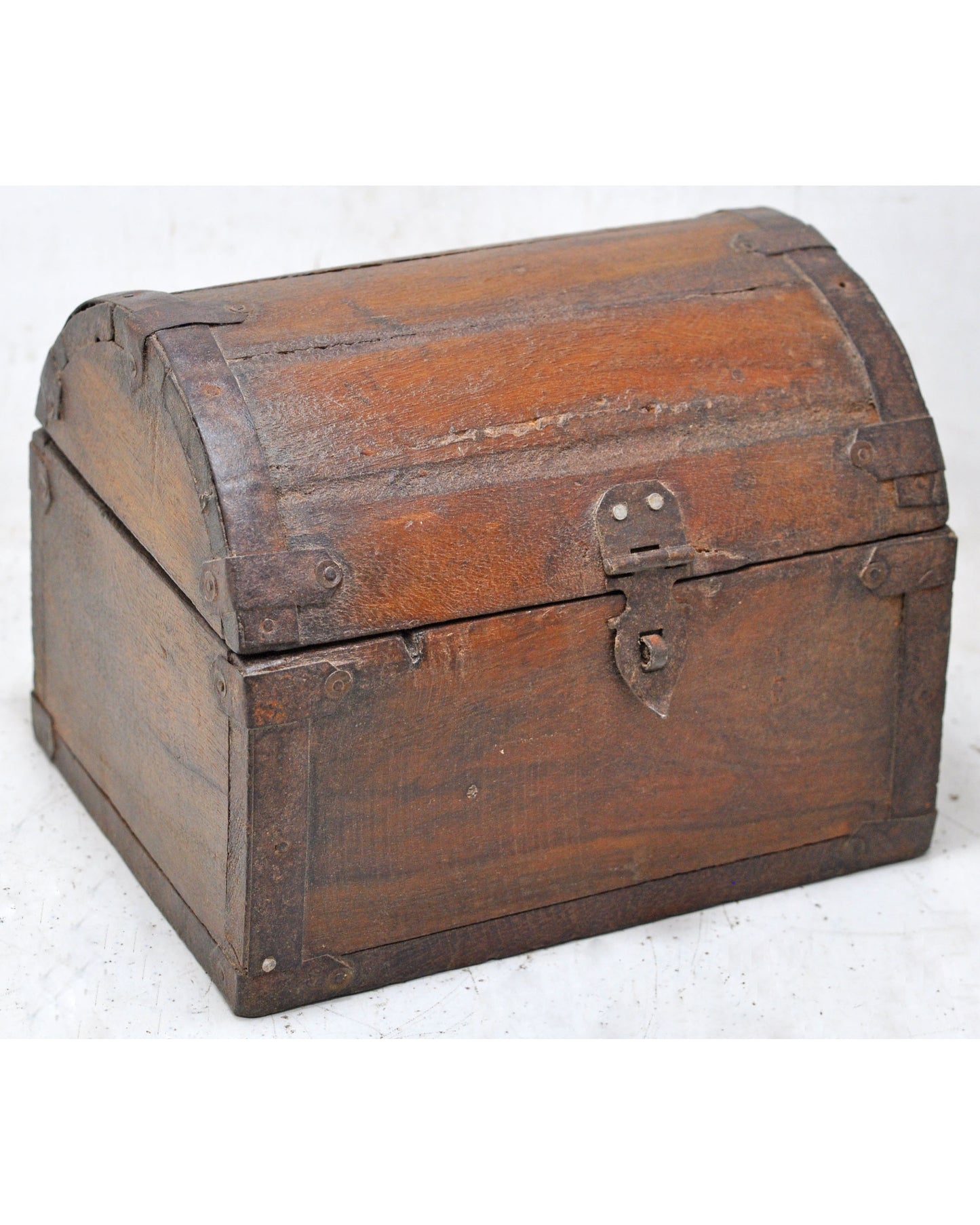 Vintage Wooden Half Round Top Small Storage Box Original Old Metal Fitted